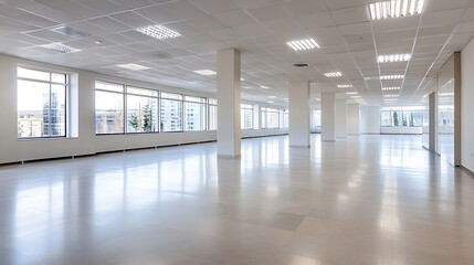 Spacious Empty Office Space with Large Windows and Bright Overhead Lighting in Modern Building : Generative AI
