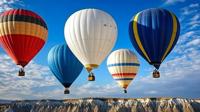 Colorful hot air balloons drift above Cappadocia's unique rock formations, offering a stunning aerial view