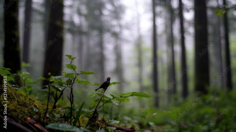 Poster Serene forest atmosphere with misty backdrop and small foliage capturing tranquil nature : Generative AI