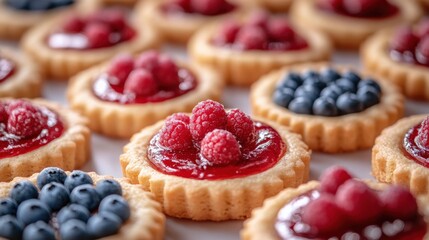 Freshly baked tarts topped with raspberries and blueberries on a bright background