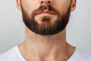 Obraz premium Self-care routines with lotion. Close-up of a man's beard and neck in a plain white shirt.