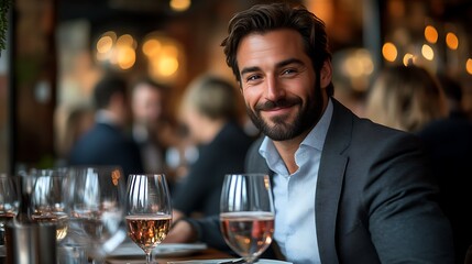 Handsome man smiling at restaurant.