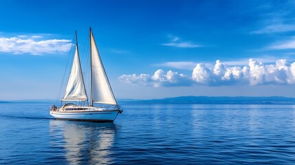 Obraz premium Majestic Sailboat on Crystal Clear Blue Ocean under Serene Sky with Puffy Clouds on Sunny Day : Generative AI