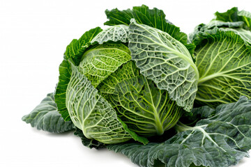 Obraz premium Close-up of a fresh Savoy cabbage with beautifully textured, dark green outer leaves and lighter inner layers. The intricate veins and crisp appearance highlight its farm-fresh quality. 
