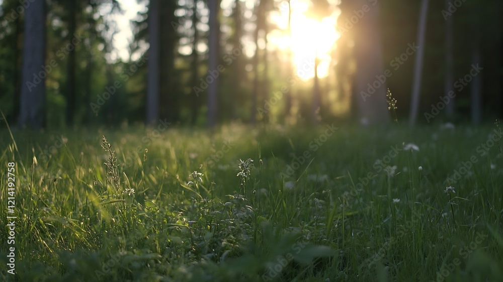 Aufkleber serene forest meadow with sunlight filtering through tall whispering trees : generative ai