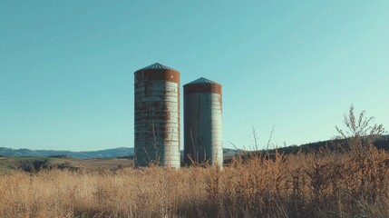 Two towering silos dominate a sunlit field, surrounded by golden grasses gently swaying in the breeze. The clear blue sky above creates a serene and tranquil atmosphere, inviting exploration