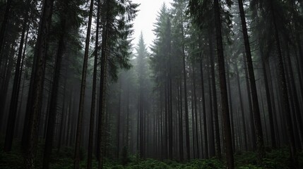 Misty Pine Forest Panorama with Dense Greenery and Tall Evergreens on a Foggy Morning : Generative AI