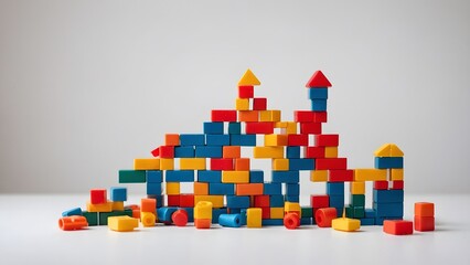 Colorful Building Blocks Arranged Creatively on a White Surface During Playtime