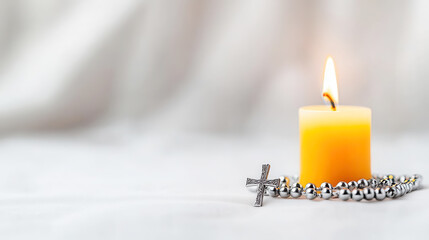 Assumption of mary inspired candlelight reflection with rosary beads