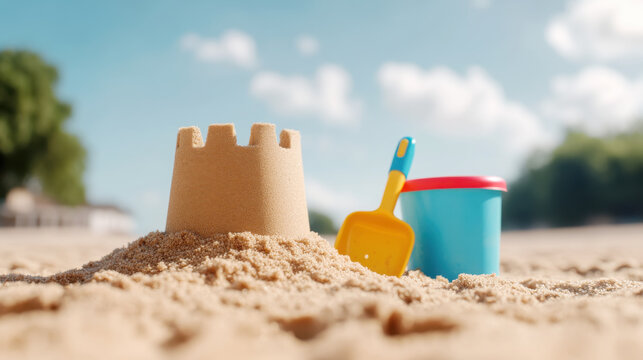 Summer beach scene with sandcastle and bucket for holiday fun