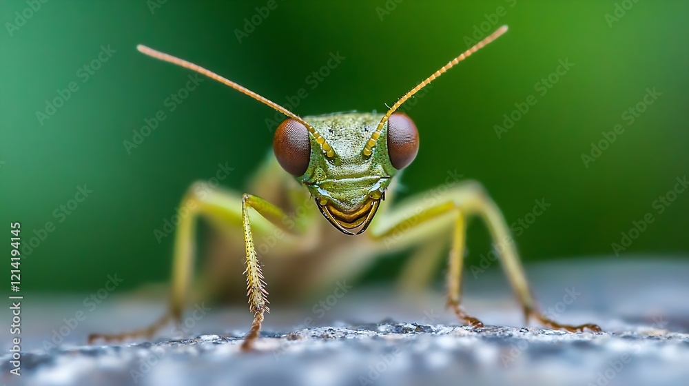 Poster Praying Mantis CloseUp with Green Background Exploring the Creature's Stare and Texture : Generative AI