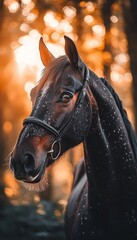 Obraz premium Elegant Brown Horse Portrait in Soft Backlit Forest, Autumnal Equine Beauty and Grace