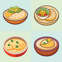 cartoon hummus with pita bread vector illustration in colorful grid - a vibrant illustration of four hummus with pita bread, perfect for logos, icons and, food themed designs