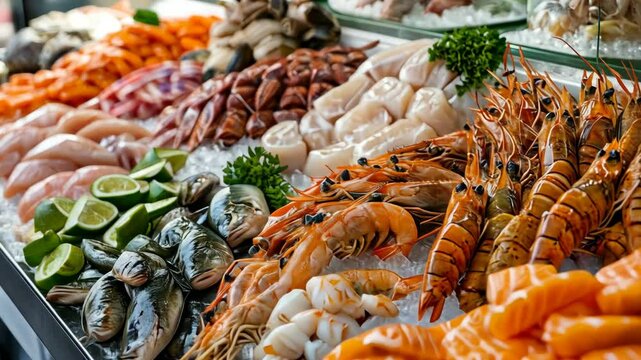 Fresh seafood display unveiled: vibrant array of shrimp, salmon, and shellfish on ice
