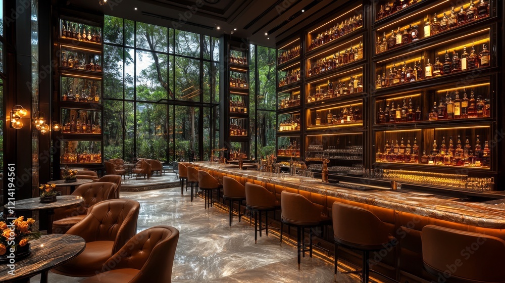 Aufkleber Luxurious bar designed with warm lighting highlights a wide array of spirits, set against a backdrop of tall windows showcasing vibrant forest views, creating a serene atmosphere.