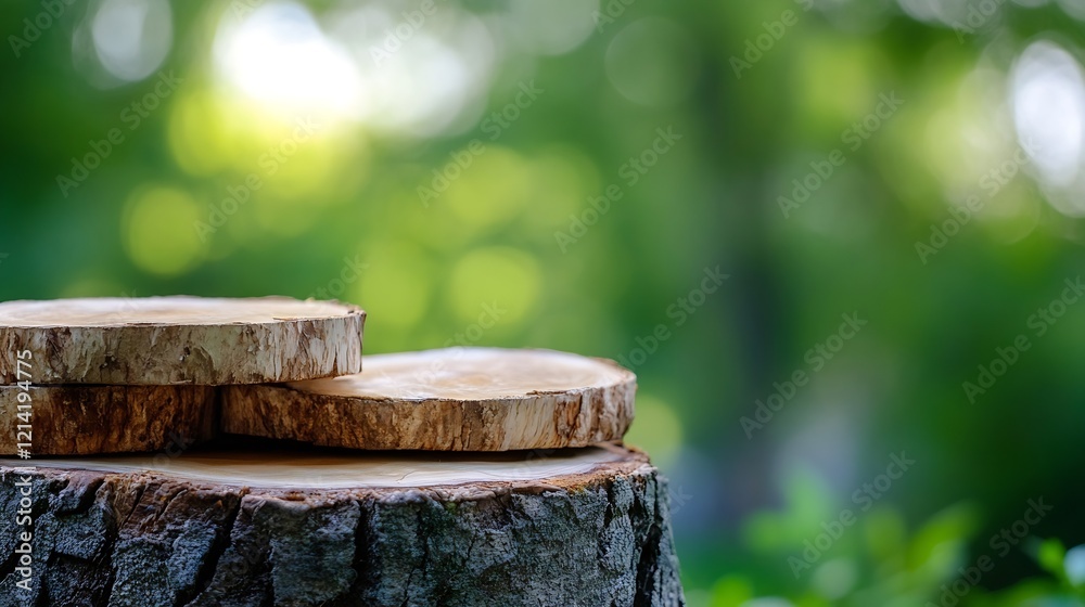 Poster Rustic Wooden Tree Slices against Soft Bokeh Background in Nature : Generative AI