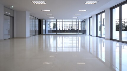 Spacious open concept office space with large windows and polished flooring : Generative AI