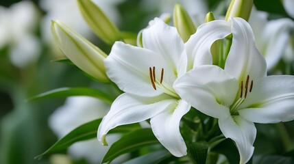 Fototapeta premium Closeup of White Lily Flowers Blooming in Garden Setting with Green Foliage and Soft Focus Effect : Generative AI