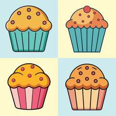 cartoon muffin vector illustration in colorful grid - a vibrant illustration of four muffin, perfect for logos, icons and, food themed designs