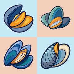 cartoon mussels vector illustration in colorful grid - a vibrant illustration of four mussels, perfect for logos, icons and, food themed designs