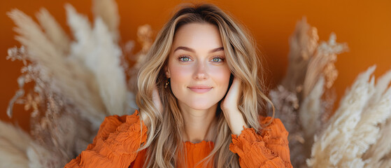 Captivating portrait of a young woman in vibrant orange dress studio setting fashion photography warm atmosphere close-up beauty