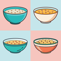 cartoon oatmeal bowl vector illustration in colorful grid - a vibrant illustration of four oatmeal bowl, perfect for logos, icons and, food themed designs