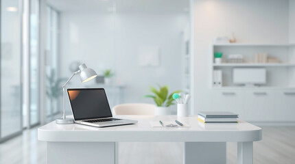 A modern doctor's office featuring a laptop, table lamp, stationery, and decor on a white table, with a blurred background. The scene depicts a doctor's office or examination room. 3D render, 3D illus