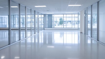 Empty GlassWalled Office Space with Reflections and Urban View Through Large Windows : Generative AI