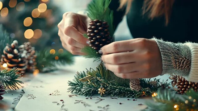 Crafting a cozy pinecone holiday table centerpiece with festive pine branches and sparkling lights