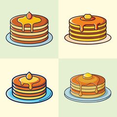 cartoon pancakes with syrup vector illustration in colorful grid - a vibrant illustration of four pancakes with syrup, perfect for logos, icons and, food themed designs