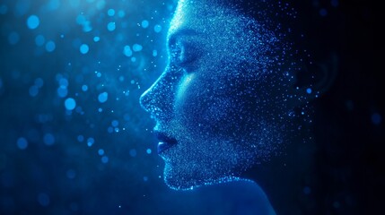 Artificial Intelligence. Female Face Constructed from Glowing Particles on Blue Background.