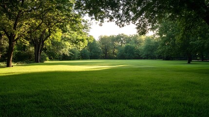 Obraz premium Lush Green Park with Sunlight Through Trees Perfect for Relaxation Themes : Generative AI