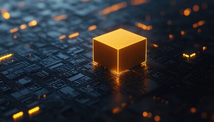 A glowing orange cube sits on a dark, intricate circuit board, illuminated by ambient lights, symbolizing technology and innovation.