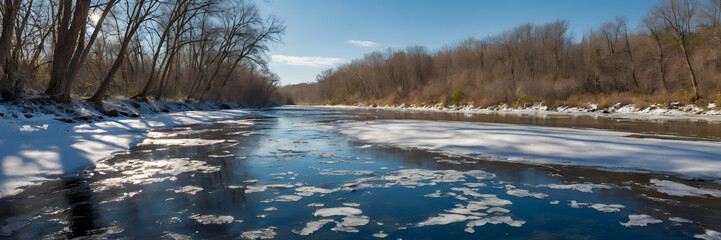 Thawing Frozen River Reflecting Sunlight and Blue Skies with Spring Flowers. Perfect for: Earth Day, National Wildlife Day, Lakeside Parks