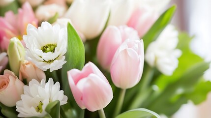 Elegant Pastel Pink and White Tulip Bouquet with Green Foliage for Spring Decor : Generative AI