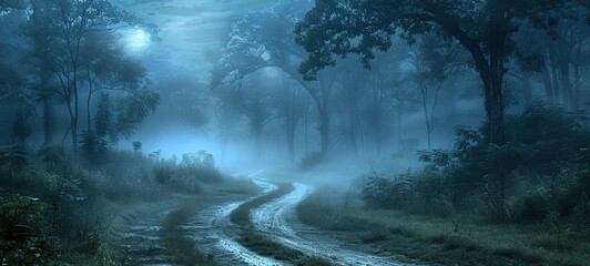 A misty forest scene at twilight, featuring a winding dirt path surrounded by tall trees. The atmosphere is serene and mysterious, with soft blue tones and fog enveloping the landscape.