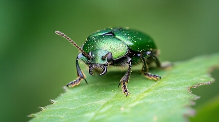 Fototapeta premium Green Beetle on Leaf Ideal for Entomologists and Nature Lovers Capturing Macro Details : Generative AI