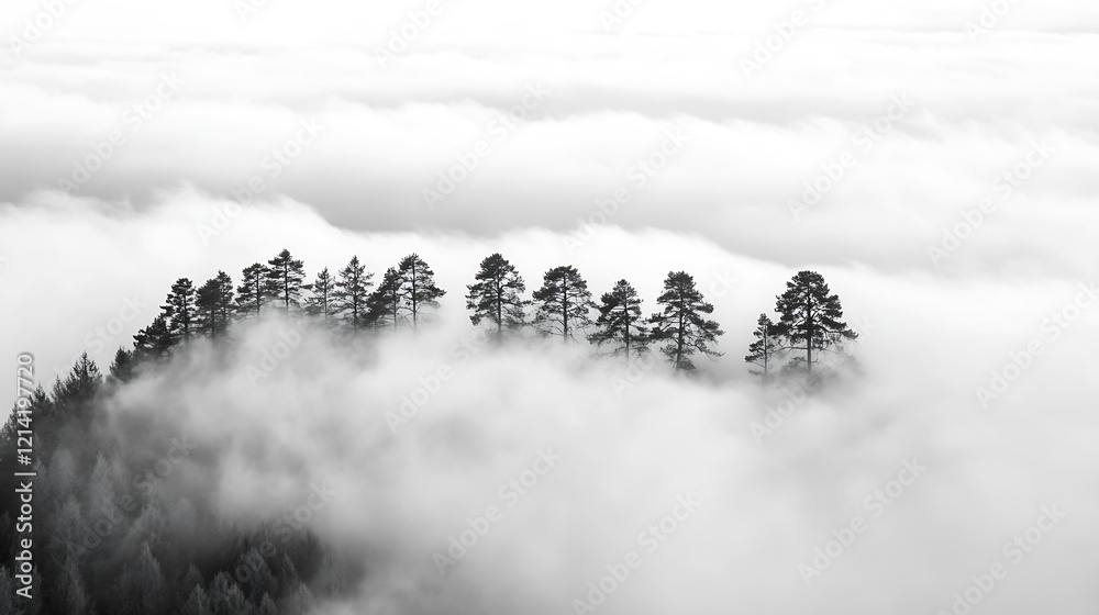 Poster misty forest with lone pine trees emerging from thick fog : generative ai