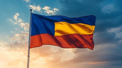 National Flag Waving Against a Beautiful Sunset Sky with Golden Clouds : Generative AI