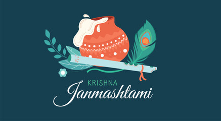 Stylish Krishna Janmashtami Celebration Illustration Lord Krishna in stylish attire with a flute and vibrant decorations.