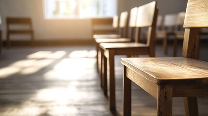 Warm Sunlit Row of Wooden Chairs in a Serene and Empty Room : Generative AI