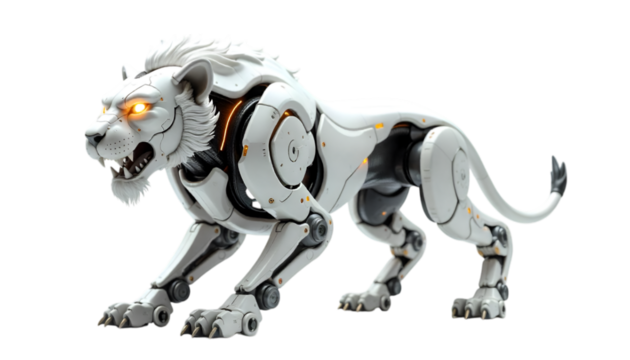 White Robotic Lion with Glowing Eyes on Black Background