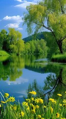 Fototapeta premium A serene landscape featuring a calm river surrounded by lush greenery and trees. 