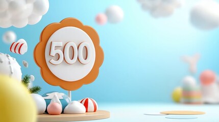 Abstract number 500 on pastel podium, surrounded by floating elements and soft cloud background, evoking celebration and achievement in vibrant colors.