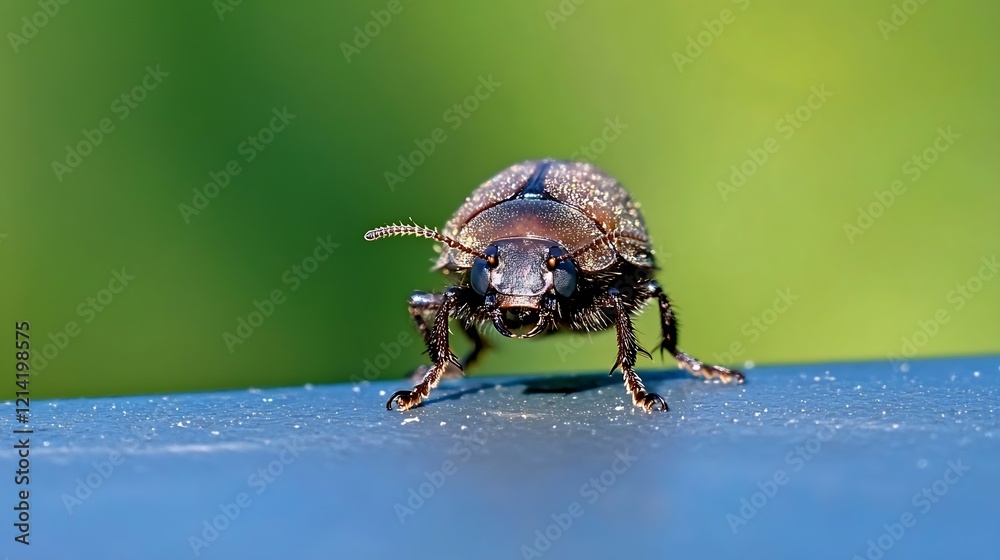 Poster detailed close up of shiny black beetle with textured surface in natural light : generative ai