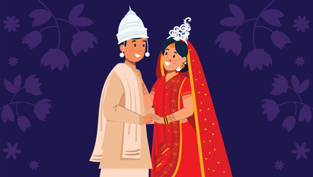 Traditional Bengali Wedding Couple Illustration with Bridal Attire A Bengali bride and groom in traditional wedding wear with sindoor and topor.