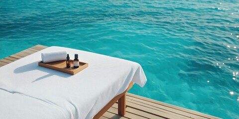 Fototapeta premium A luxurious massage table covered in white linens with a small tray of essential oils