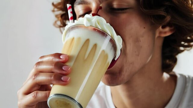 Young man enjoying creamy milkshake with whipped cream and cherry topping