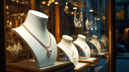 A rotating jewelry display in a store window, showcasing a variety of stunning pieces.