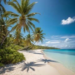 Fototapeta premium Peaceful Beach with Clear Water and Sunlit Palm Trees.jpeg